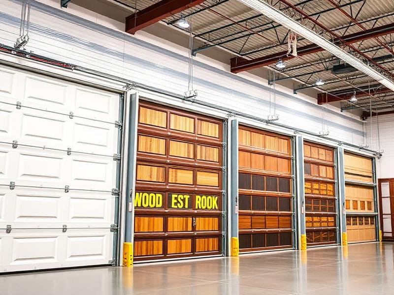 Garage door showroom displaying various door styles and materials at different price points