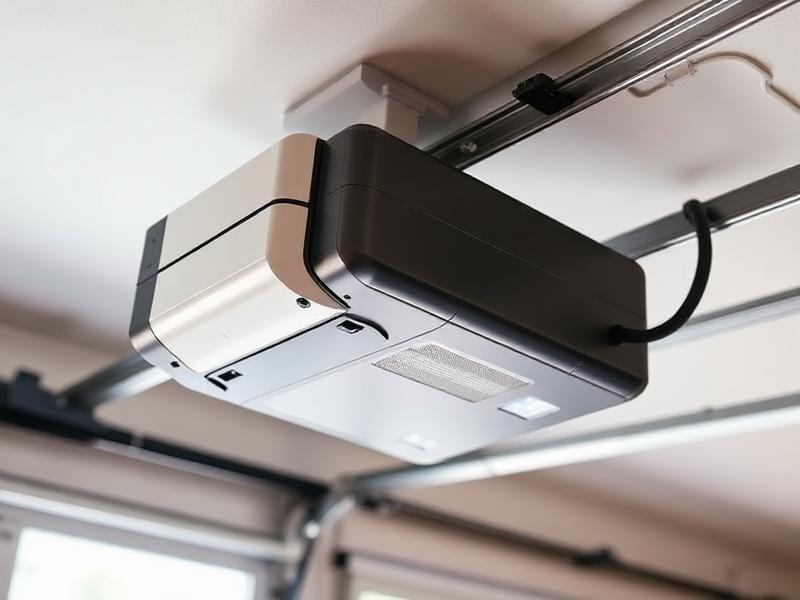 Modern garage door opener motor unit mounted on ceiling with belt drive system