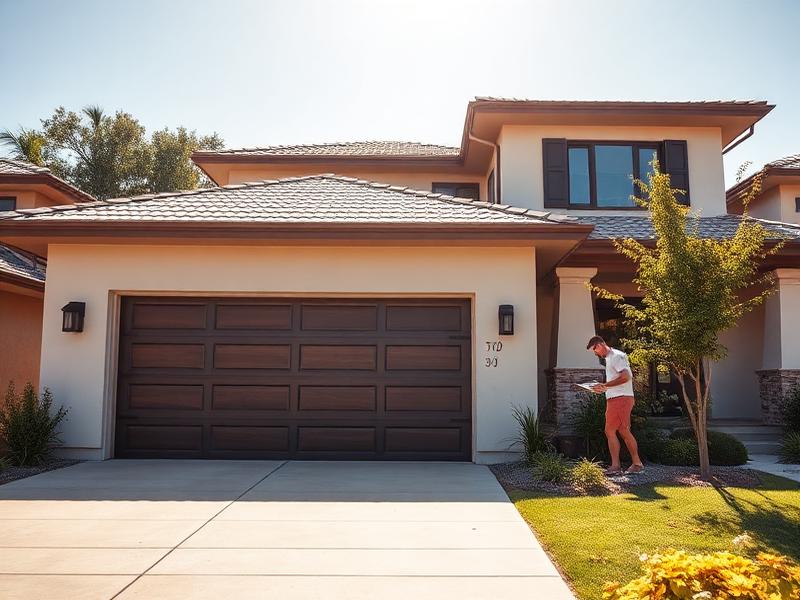 Beautiful home with garage door on sunny summer day during maintenance inspection