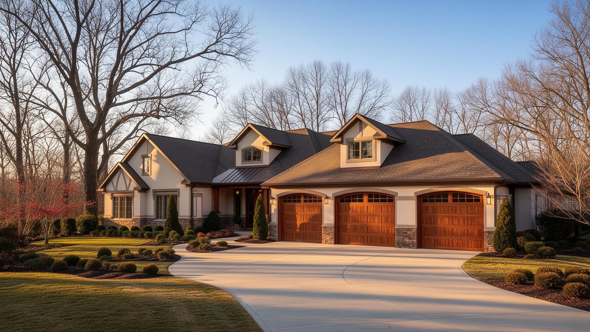 Premium insulated steel garage doors with wood overlay on beautiful ranch style home